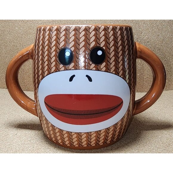 Galerie Brown Sock Monkey Double Handle & Sided Coffee Cup Mug Ceramic 14 oz. - Picture 2 of 8